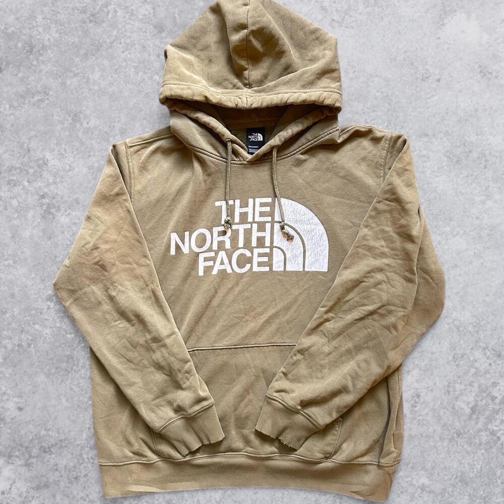 The North Face Green Khaki Distressed Hoodie Outdoor Hiking Pullover - L